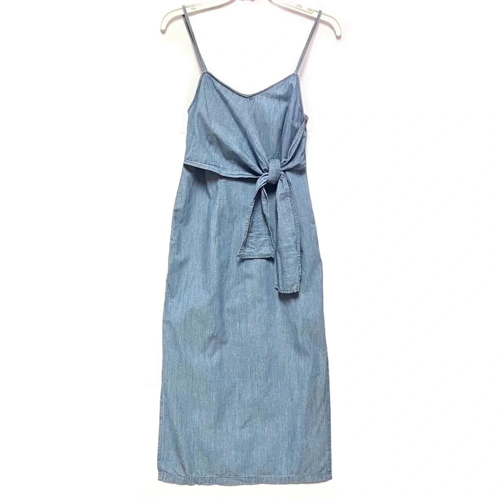 Topshop Chambray Midi Spaghetti Strap High Leg Slit Dress Front Knot Size 2 - Picture 3 of 9